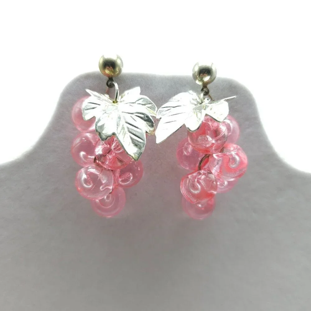Vintage Silver Tone Grape Cluster Earrings With Pink Acrylic Beads